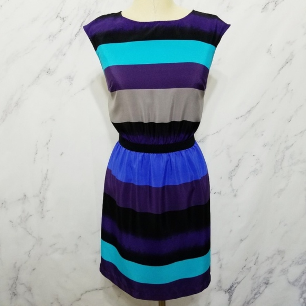 Loft | Blue, Aqua, Grey and Purple Striped Dress